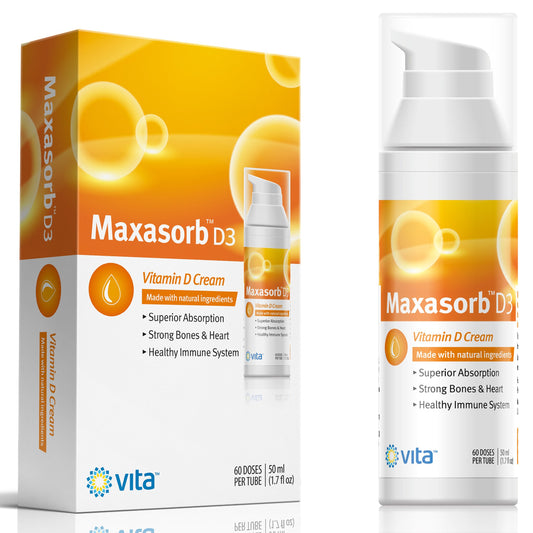 Vita Sciences frasco Maxasorb D3 visto de frente mostrando diseño práctico
