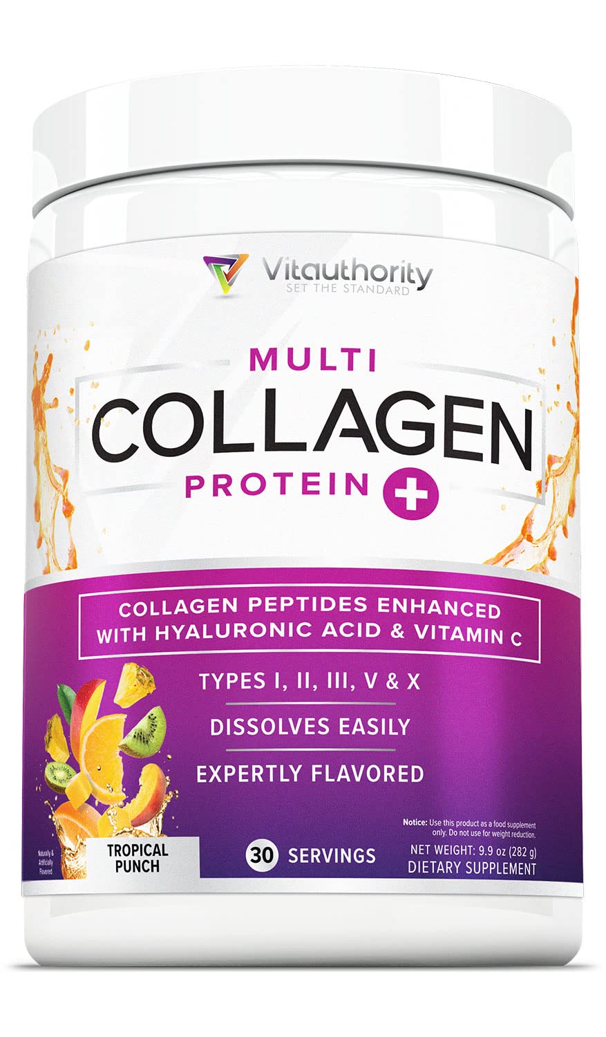 Envase de Vitauthority Multi Collagen con sabor tropical para uso diario.