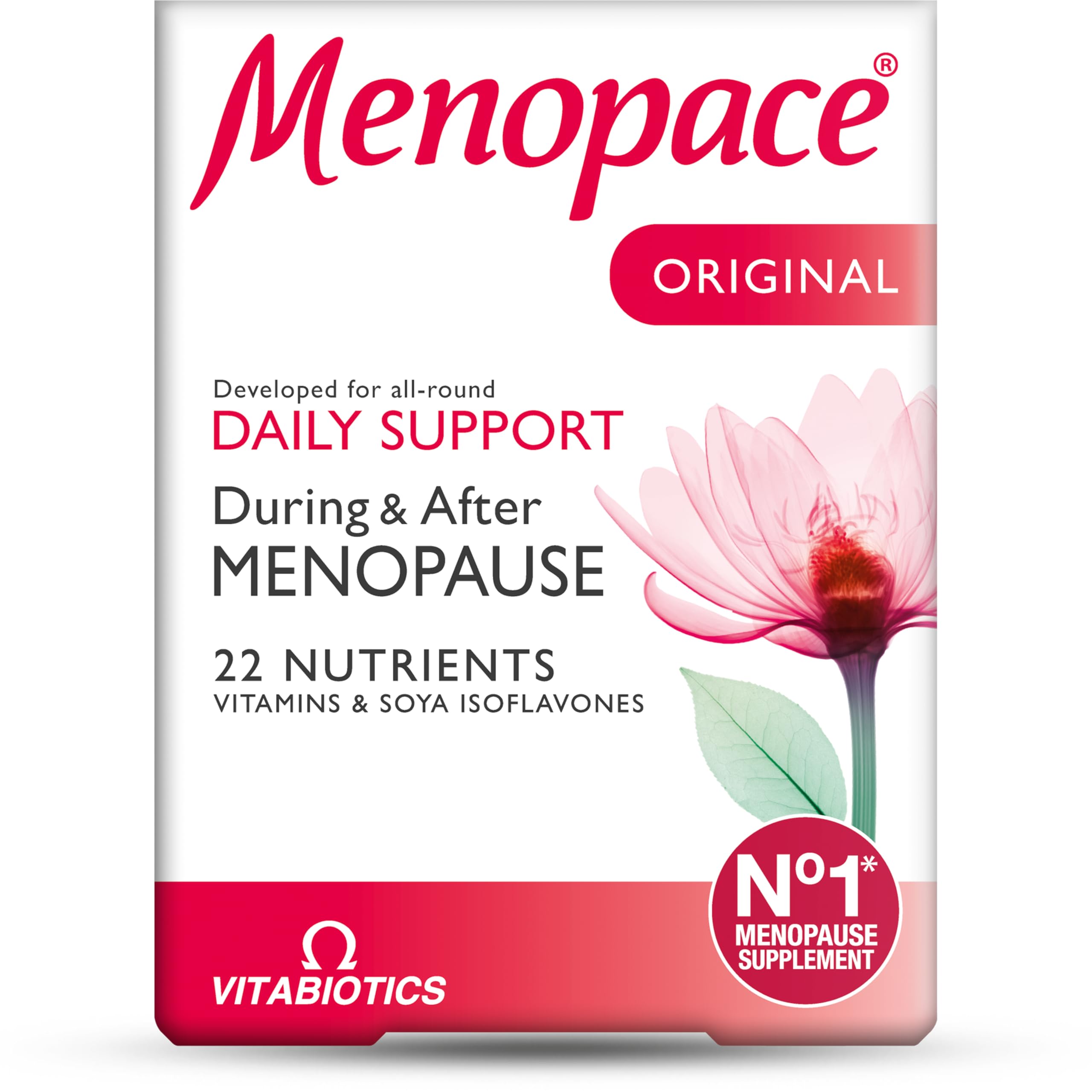 Menopace Vitabiotics imagen frontal del envase mostrando el producto y sus beneficios nutricionales