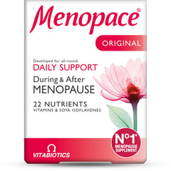 Menopace Vitabiotics imagen frontal del envase mostrando el producto y sus beneficios nutricionales