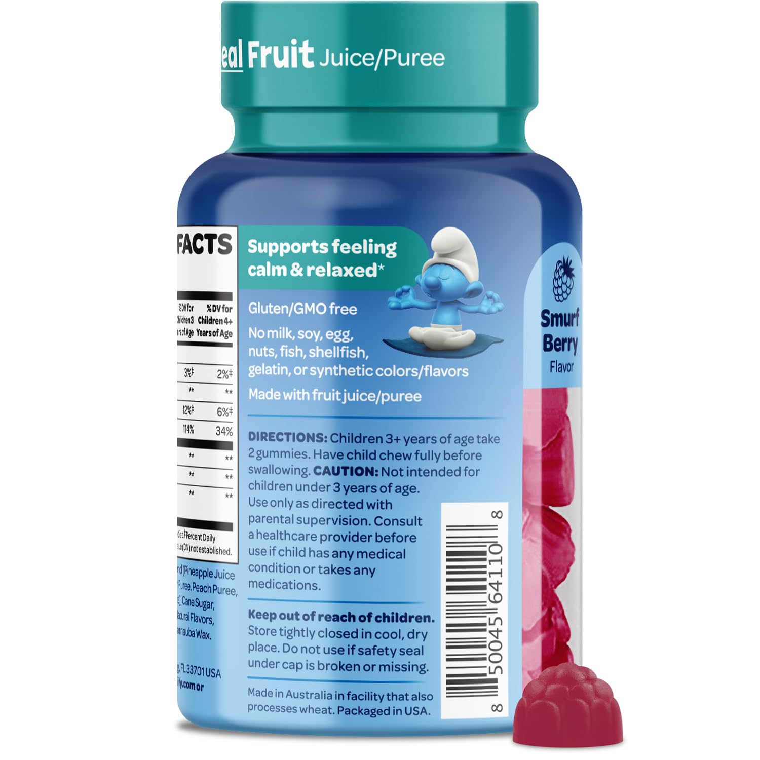VITABURST Smurfs detalle de melisa y L-theanine como ingredientes clave