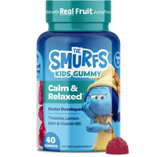 VITABURST Smurfs envase frontal mostrando fórmula calmante y atractivo infantil