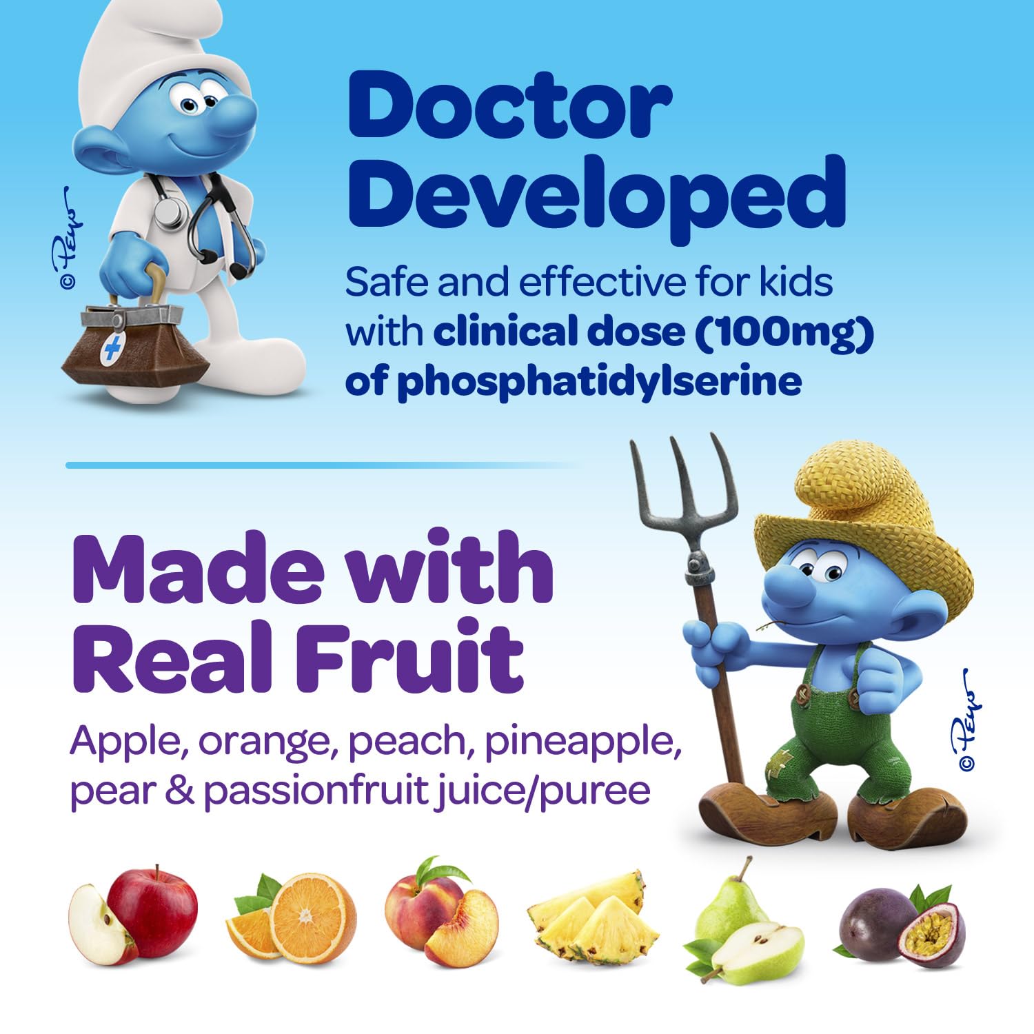 VITABURST Smurfs gomita cerca de fruta real enfatizando sabores naturales
