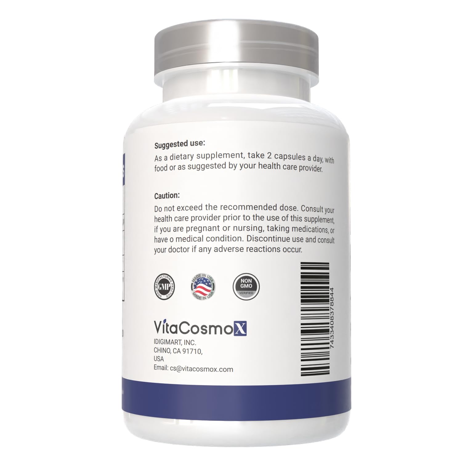 VitaCosmoX etiqueta con ingredientes y certificación GMP visible