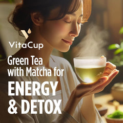 VitaCup sobre abierto con polvo verde para preparación rápida