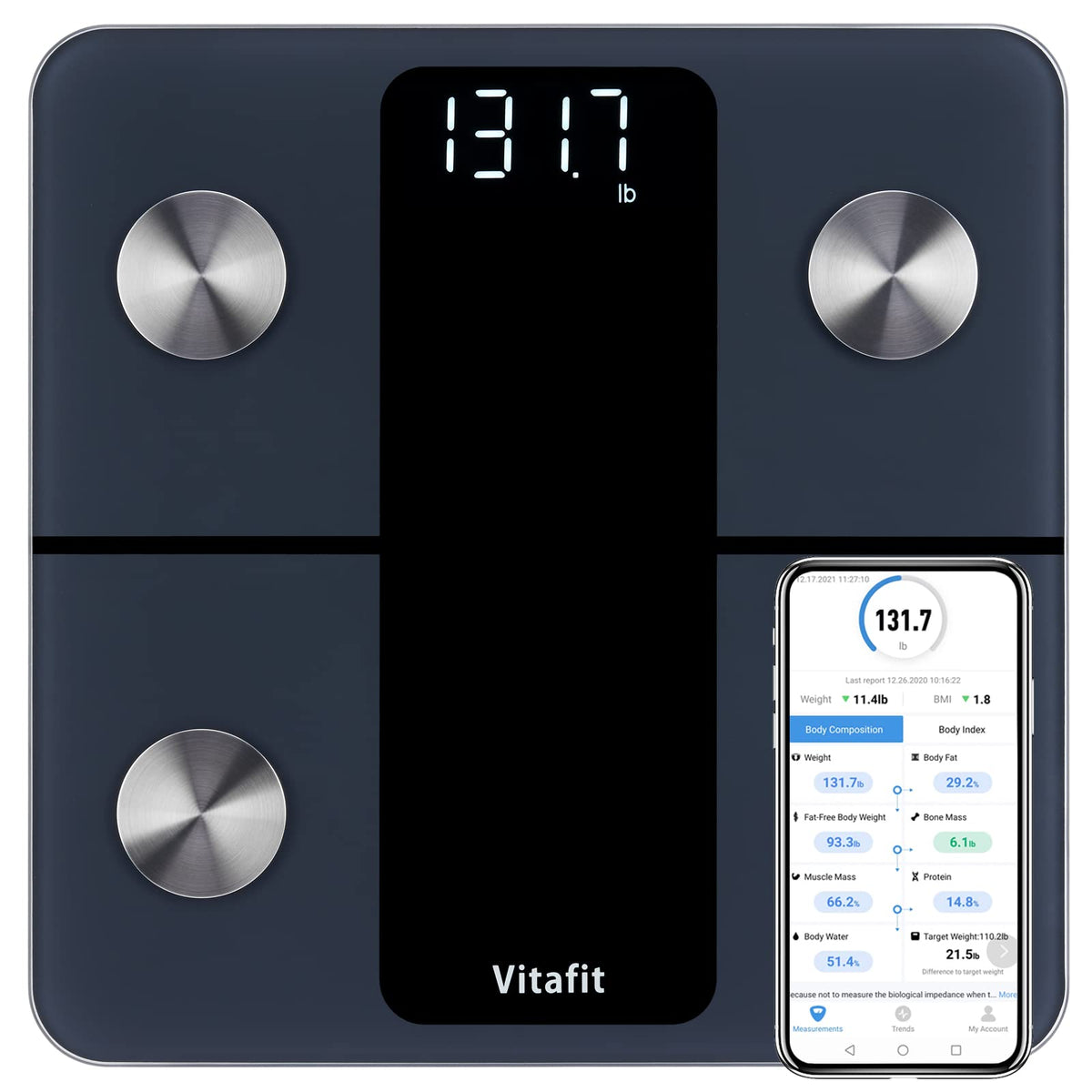 Vitafit báscula frontal negra con pantalla LED clara y diseño moderno