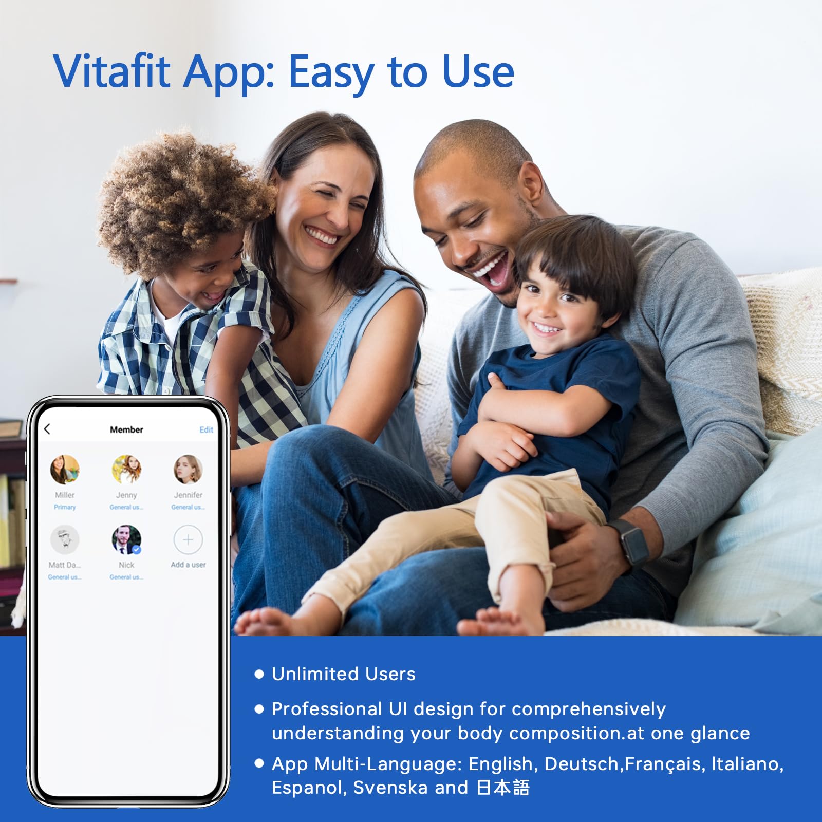Vitafit etiqueta con instrucciones de conexión Bluetooth y privacidad segura