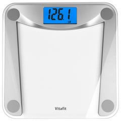 Vitafit vista frontal de la báscula de cristal, precisión y diseño elegante