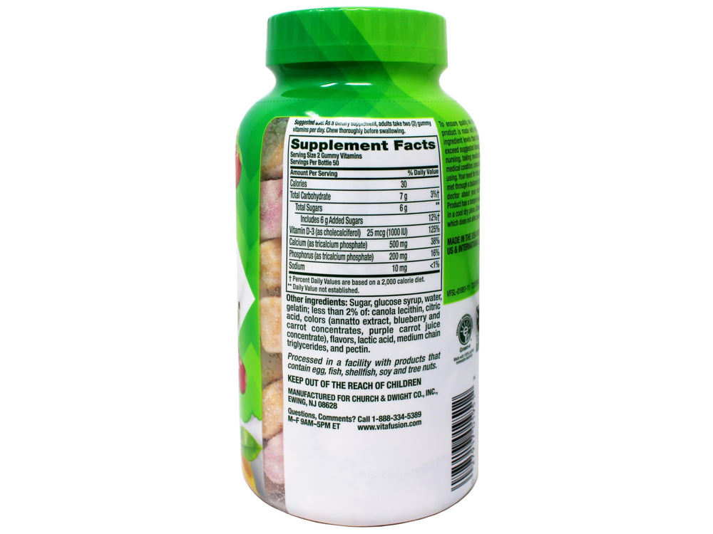 Vitafusion Calcio 500 mg, sabores naturales de fruta y crema, opción deliciosa.