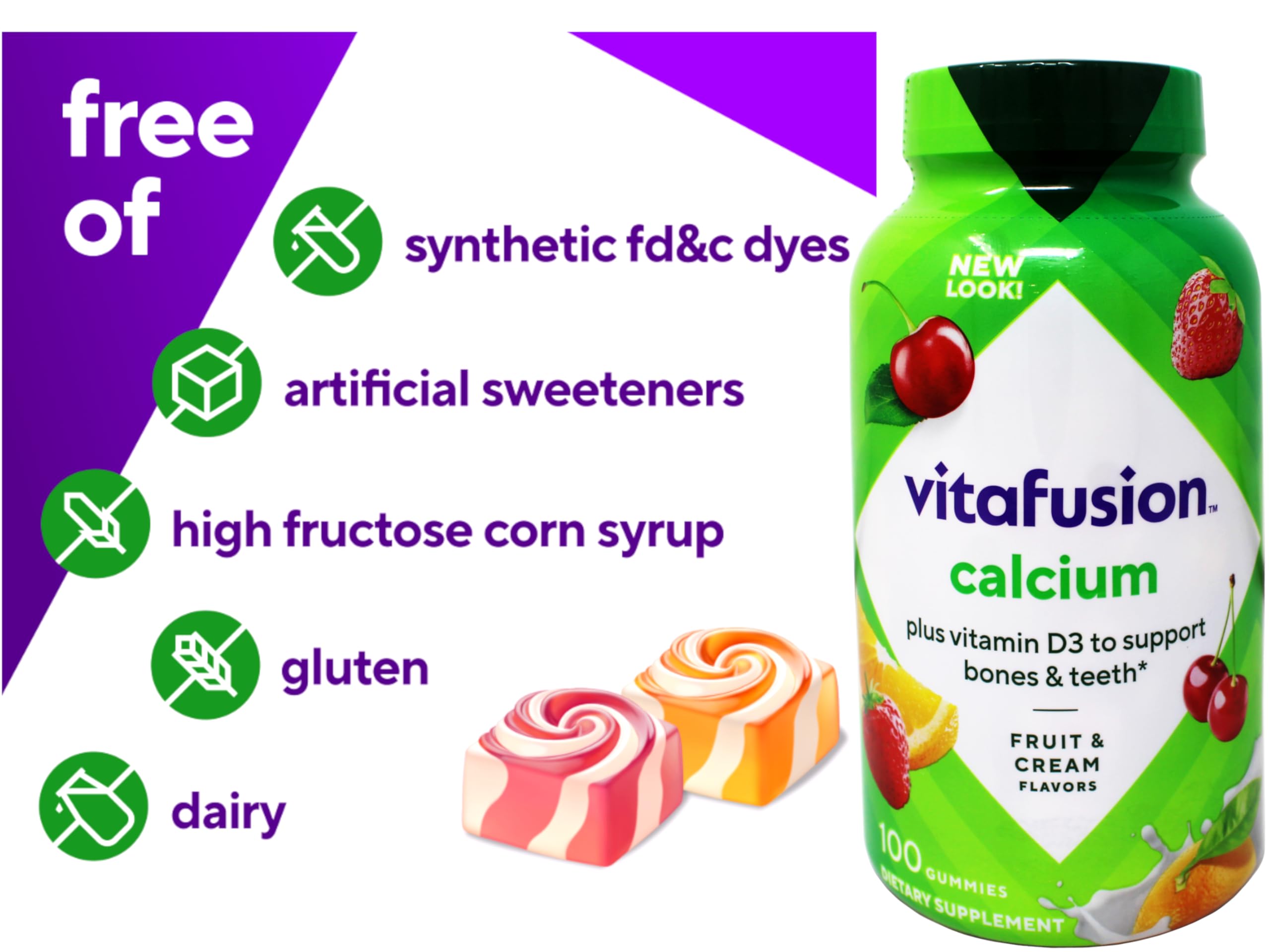 Vitafusion Calcio 500 mg, gomitas de textura suave, sabor fruta y crema, experiencia agradable.