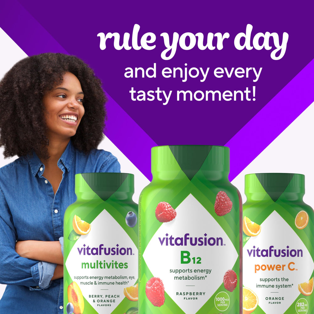 Vitafusion frasco junto a calendario indicando suministro de 70 días