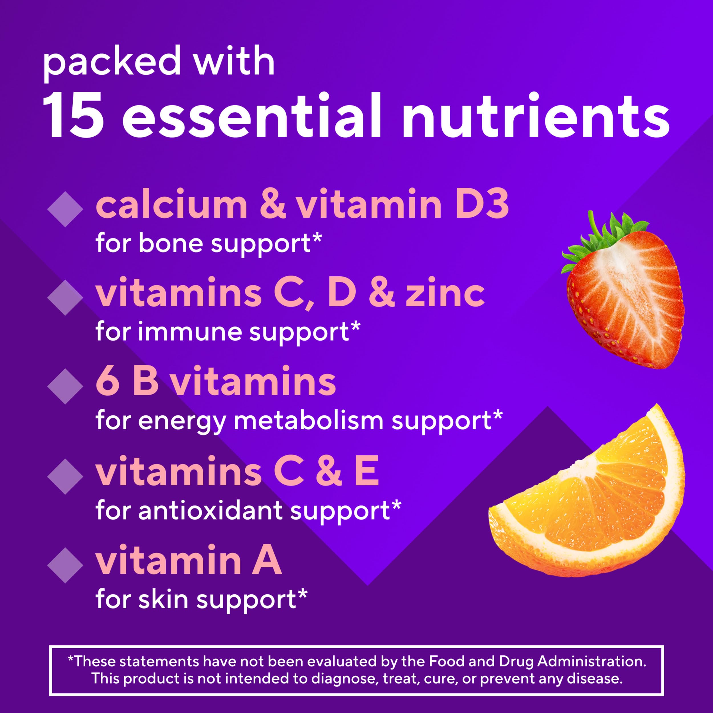 Vitafusion etiqueta nutricional enfocada en 15 nutrientes esenciales