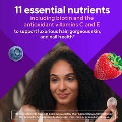Vitafusion etiqueta de ingredientes destacando biotina y vitaminas esenciales