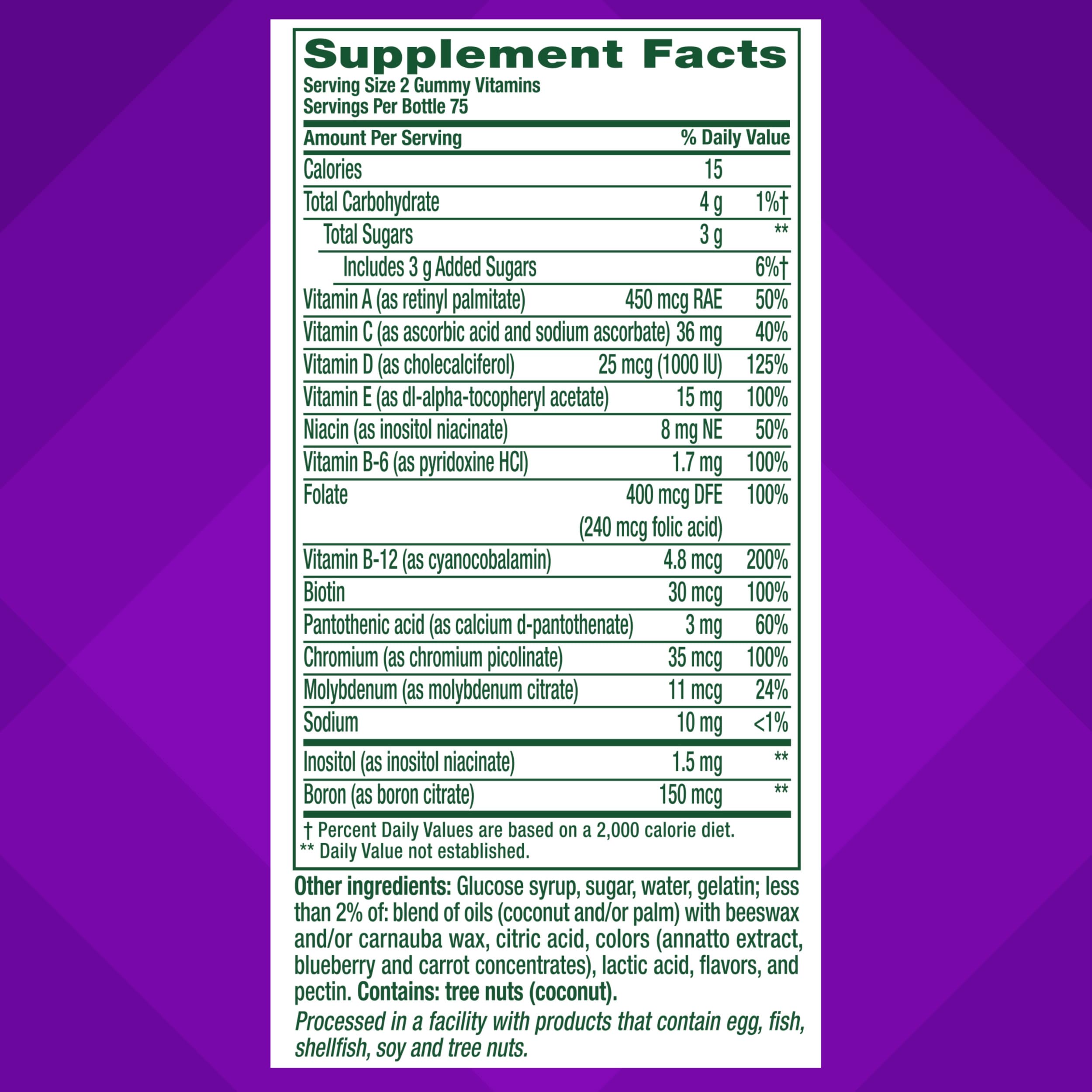 vitafusion etiqueta nutricional visible para revisar vitaminas y minerales