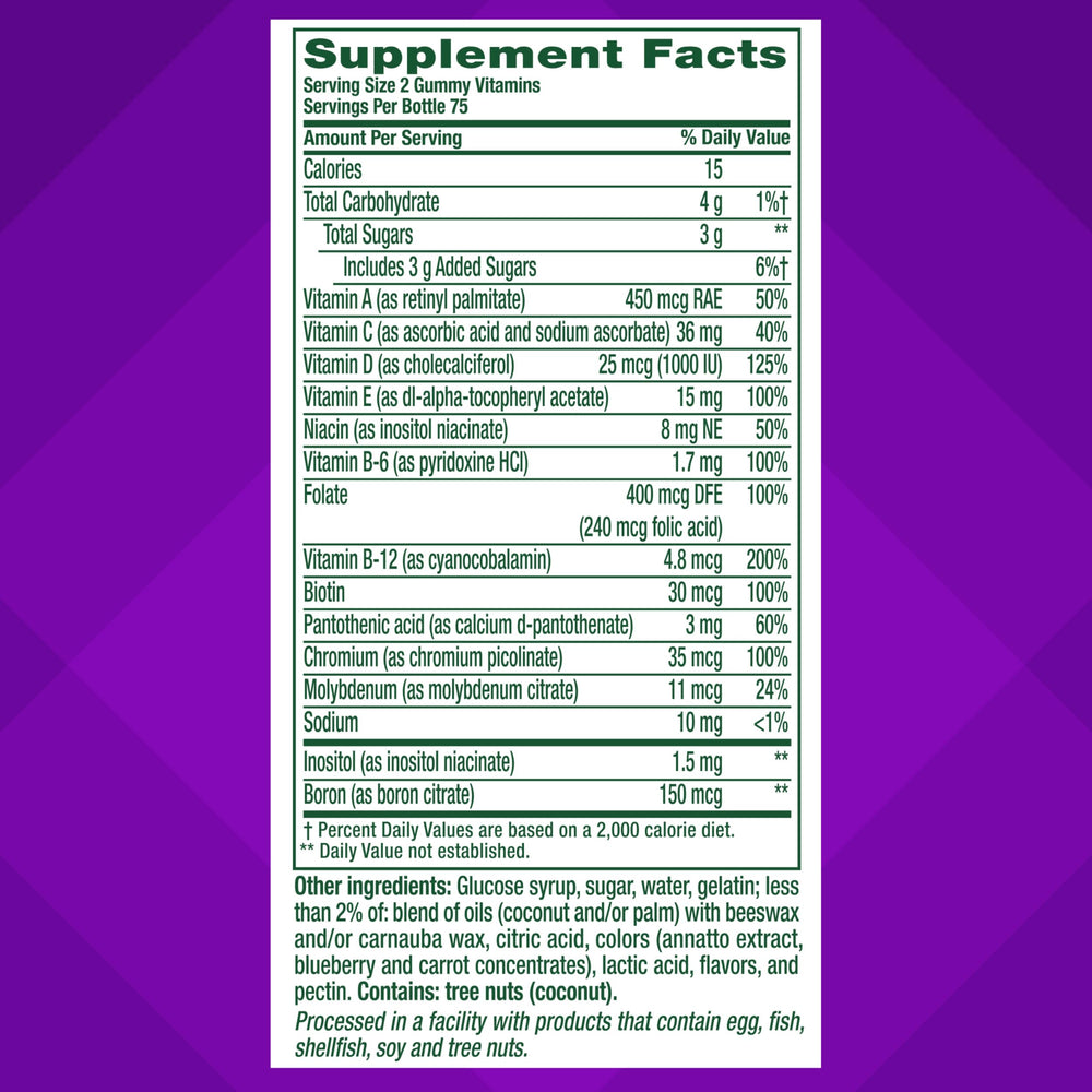 vitafusion etiqueta nutricional visible para revisar vitaminas y minerales