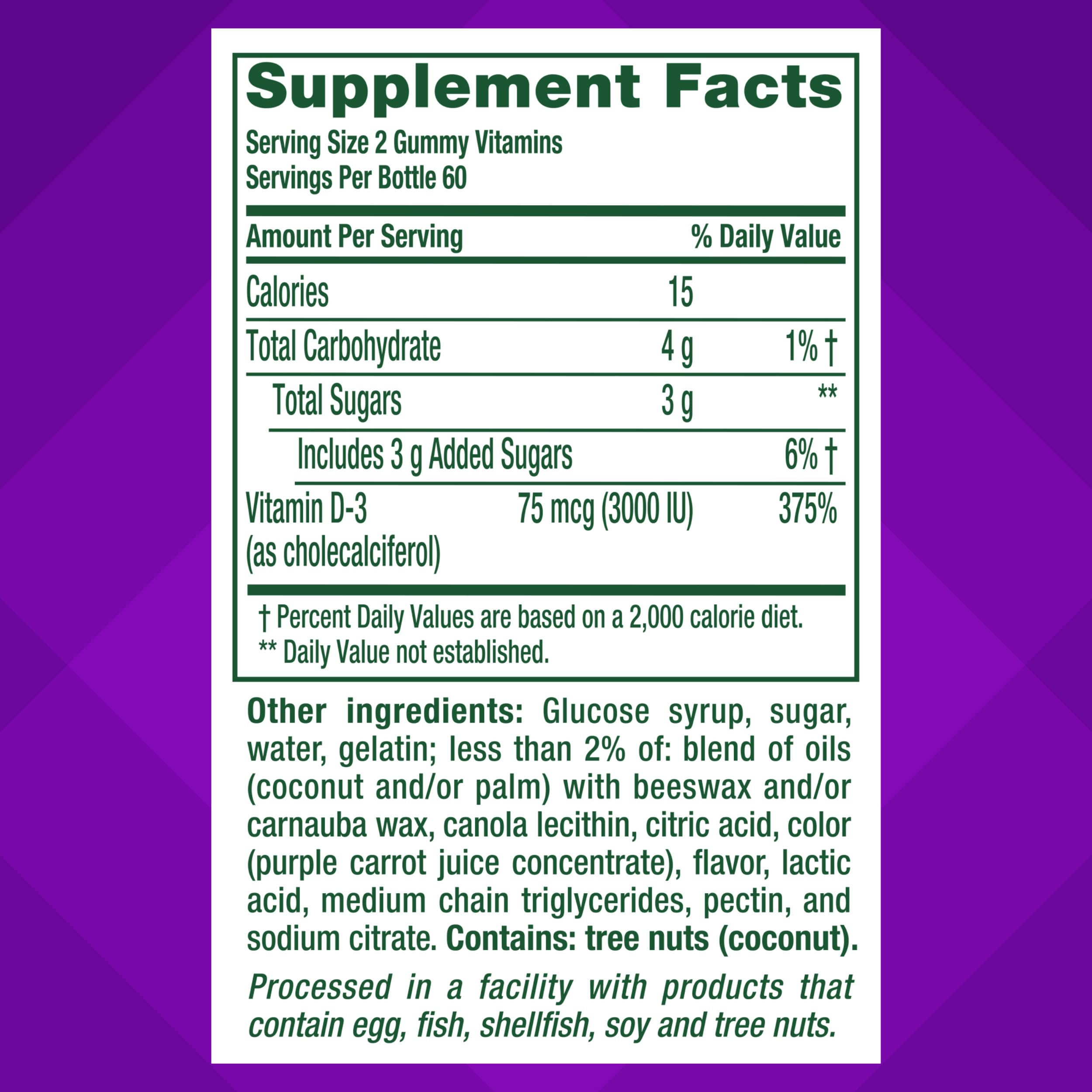 vitafusion etiqueta nutricional destacando 75 mcg (3000 IU) por porción