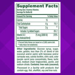 vitafusion etiqueta nutricional destacando 75 mcg (3000 IU) por porción