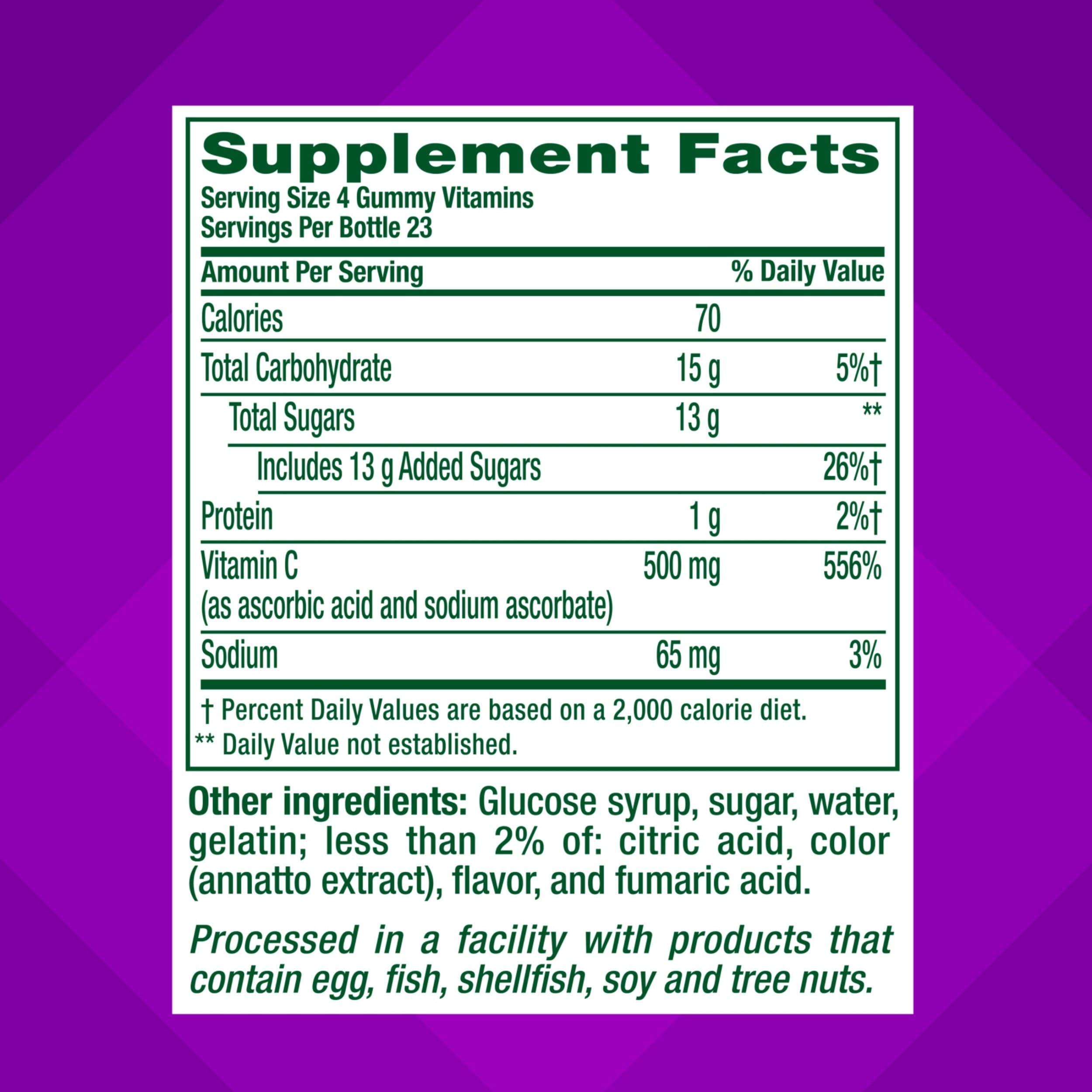 Vitafusion etiqueta nutricional legible con información de 500 mg por porción