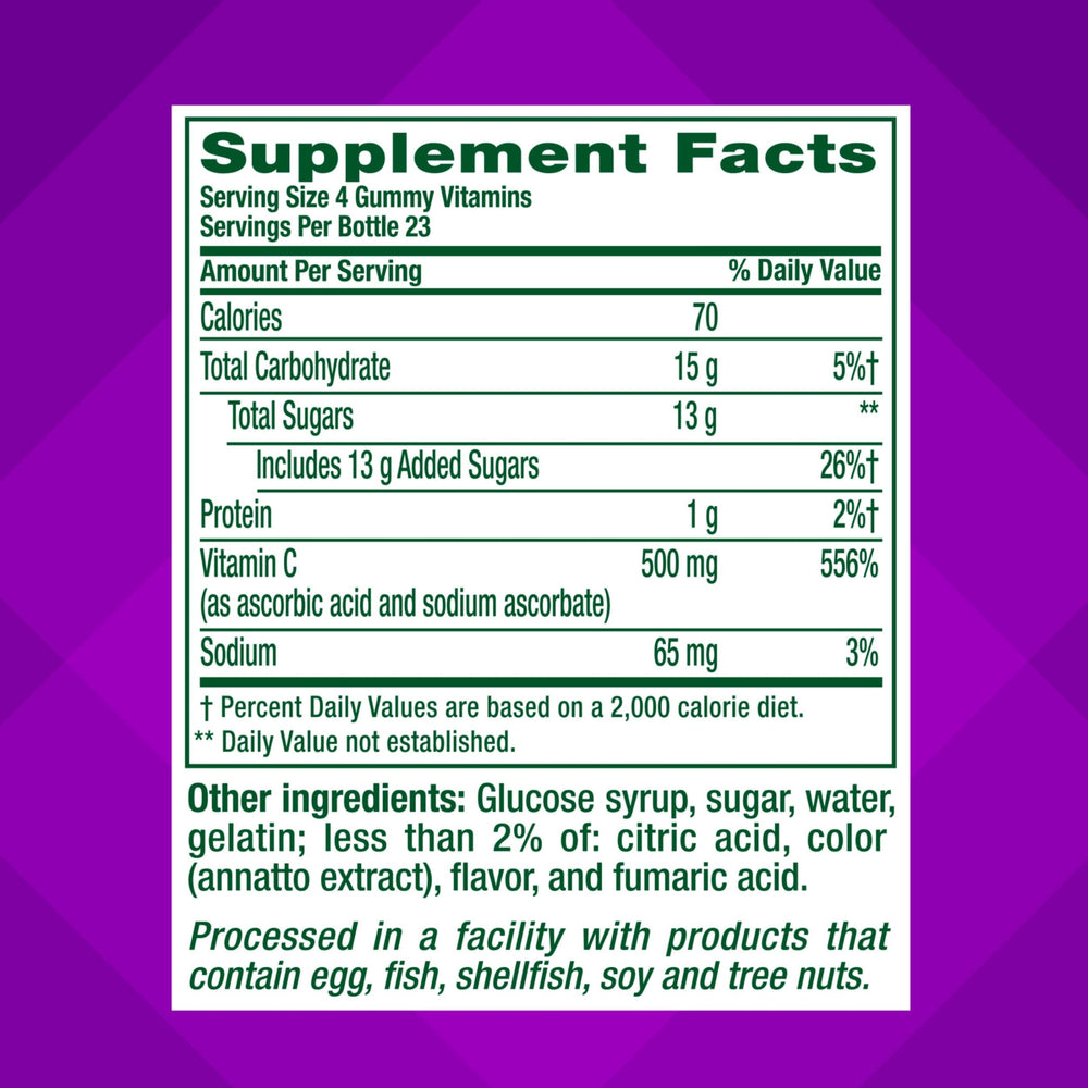 Vitafusion etiqueta nutricional legible con información de 500 mg por porción