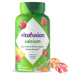Vitafusion frasco al frente mostrando 100 gomitas y beneficio conveniencia