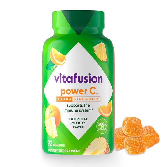 Vitafusion frasco frente mostrando 92 gomitas y diseño claro, conveniencia inmediata