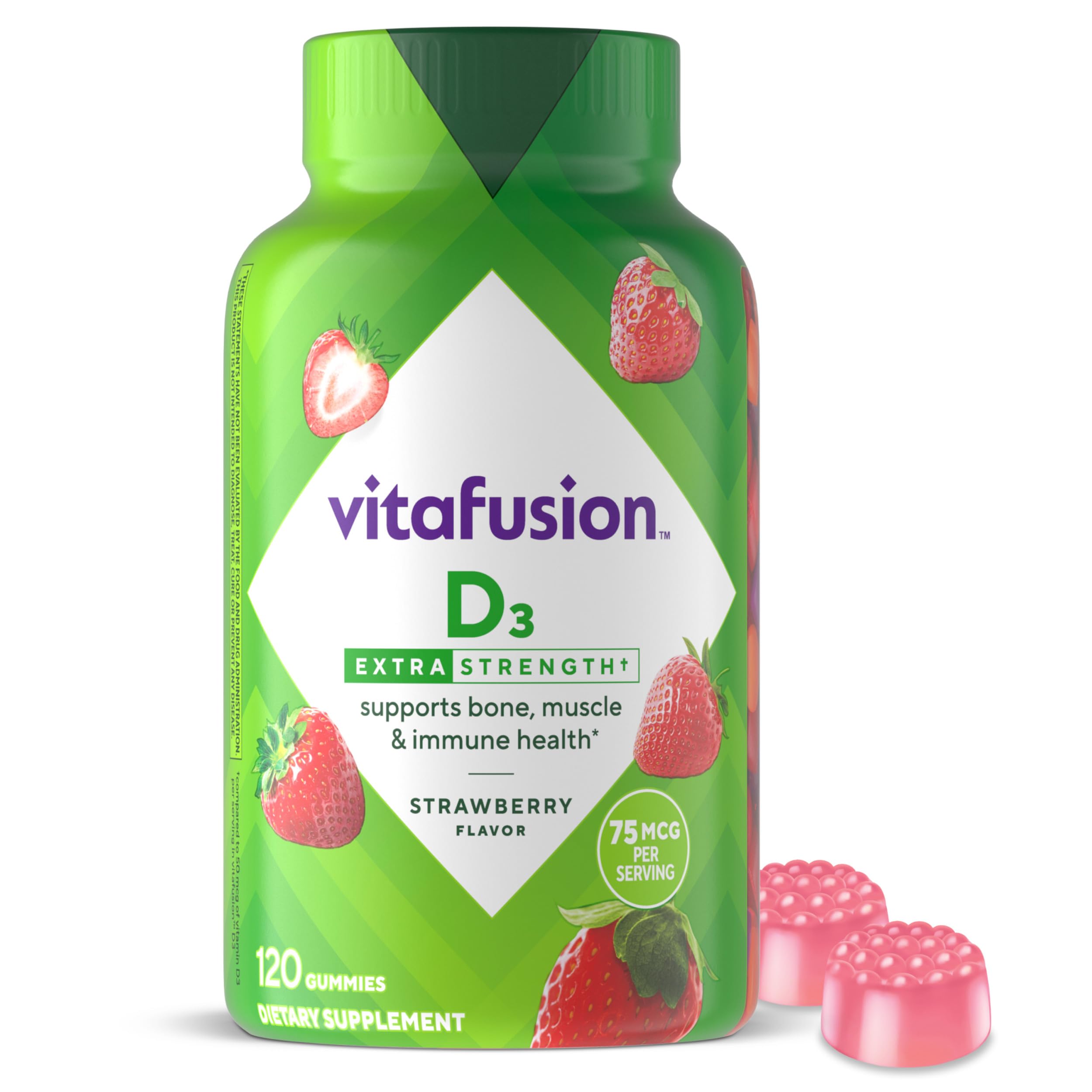 vitafusion frasco frontal Vitamin D3 mostrando 120 gomitas y beneficio conveniencia