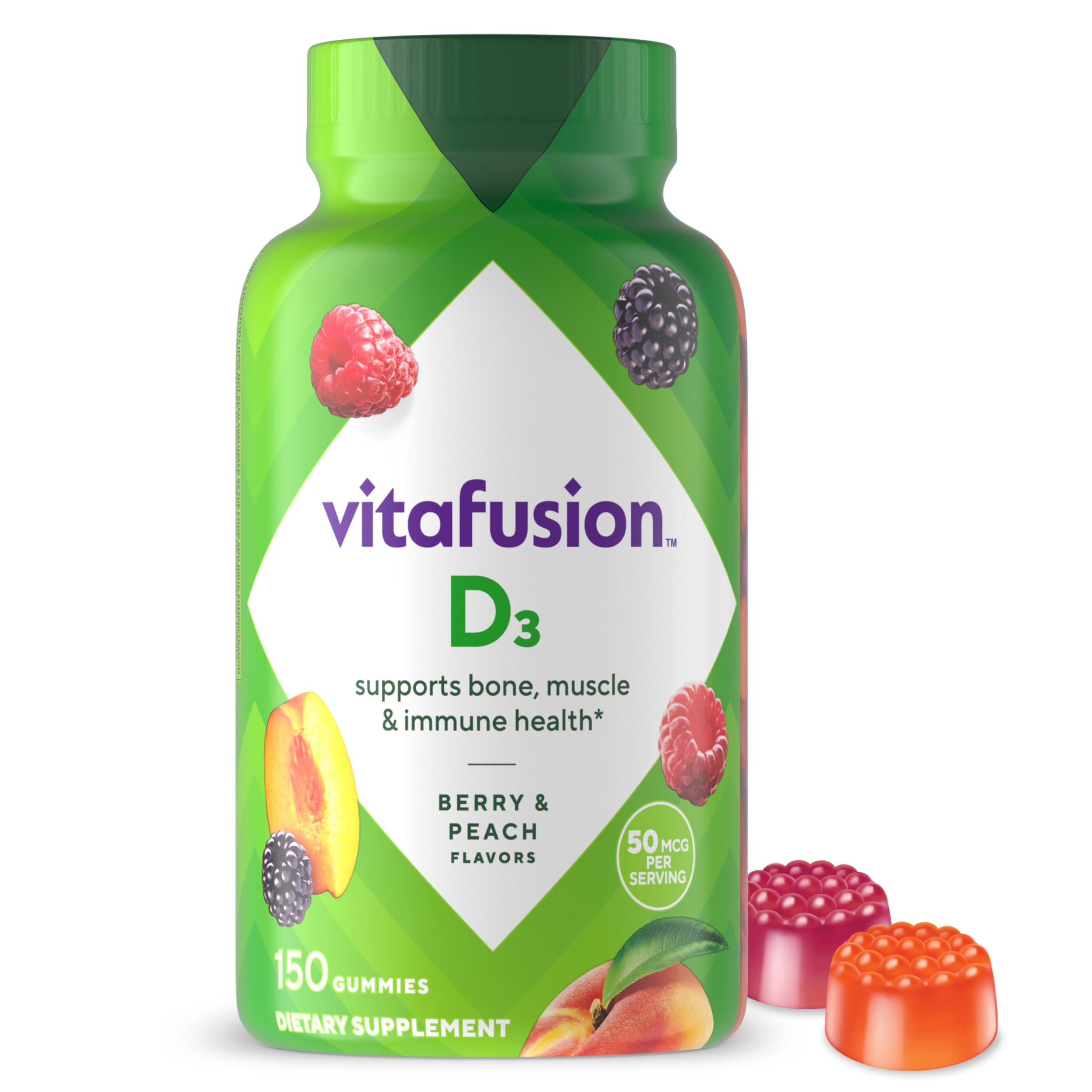Vitafusion frasco frontal mostrando 150 gomitas y beneficios claros