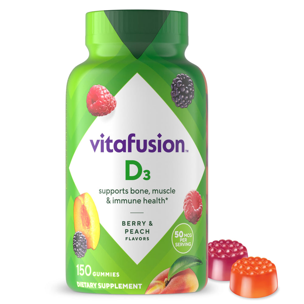 Vitafusion frasco frontal mostrando 150 gomitas y beneficios claros