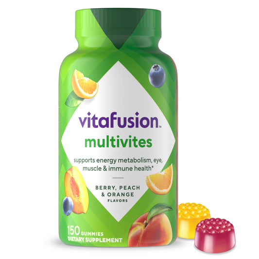 vitafusion envase frontal mostrando 150 gomitas y beneficio conveniencia