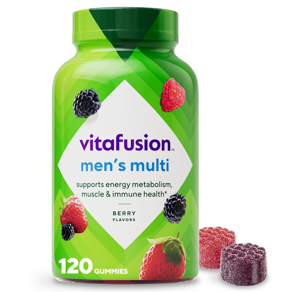 Vitafusion envase frontal mostrando 120 gomitas y etiqueta clara para fácil identificación