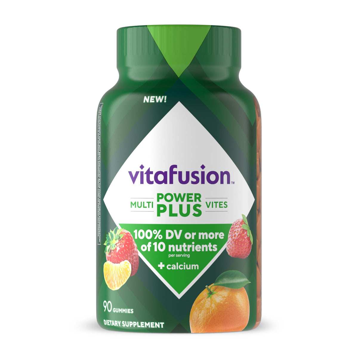 Vitafusion envase frontal mostrando 90 gomitas y beneficio práctico