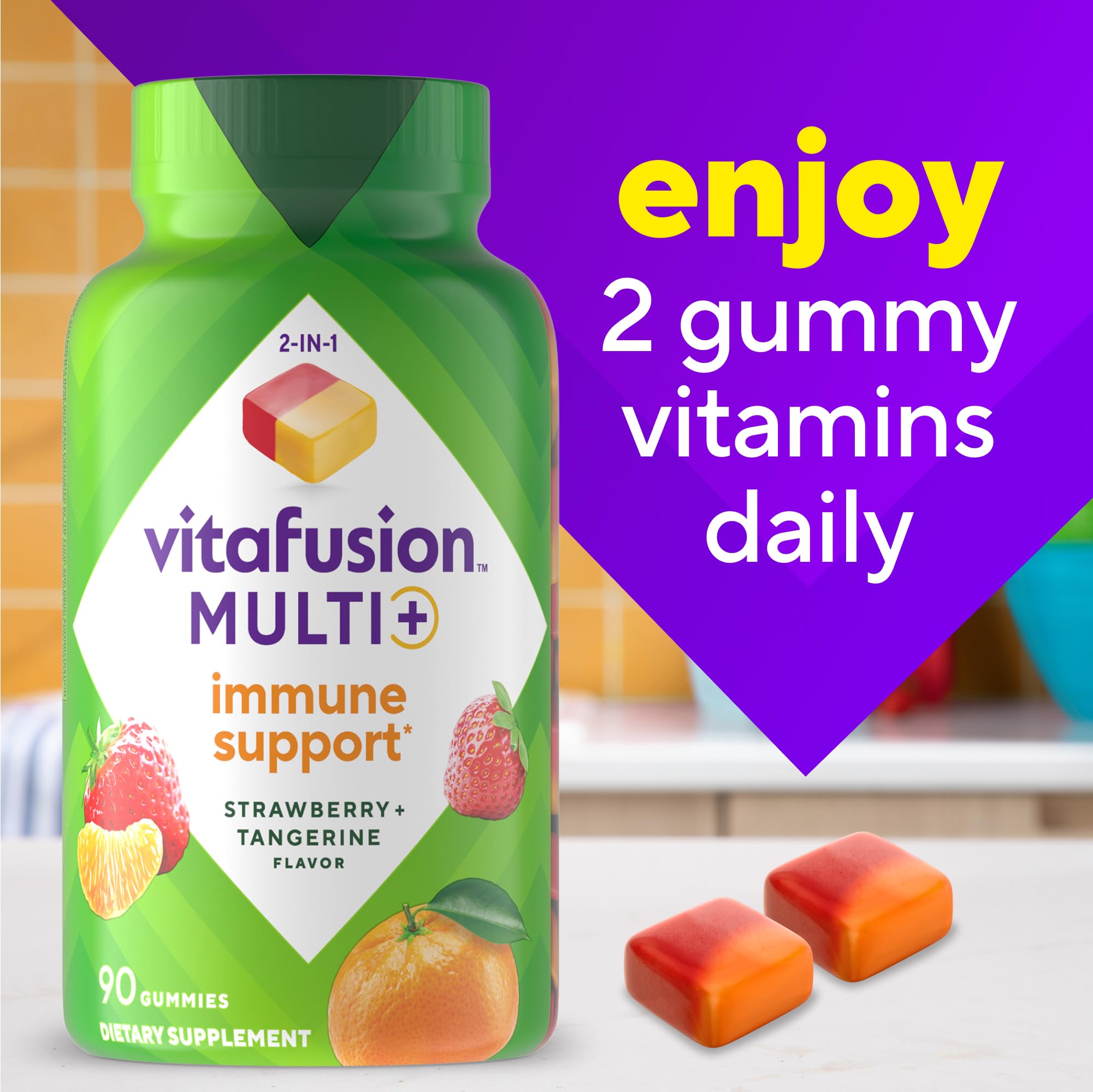 Frutas mandarina y fresa con Vitafusion destacando sabor natural