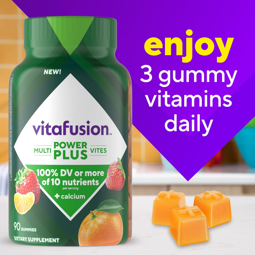 Porción de tres gomitas Vitafusion en mano para fácil dosificación diaria