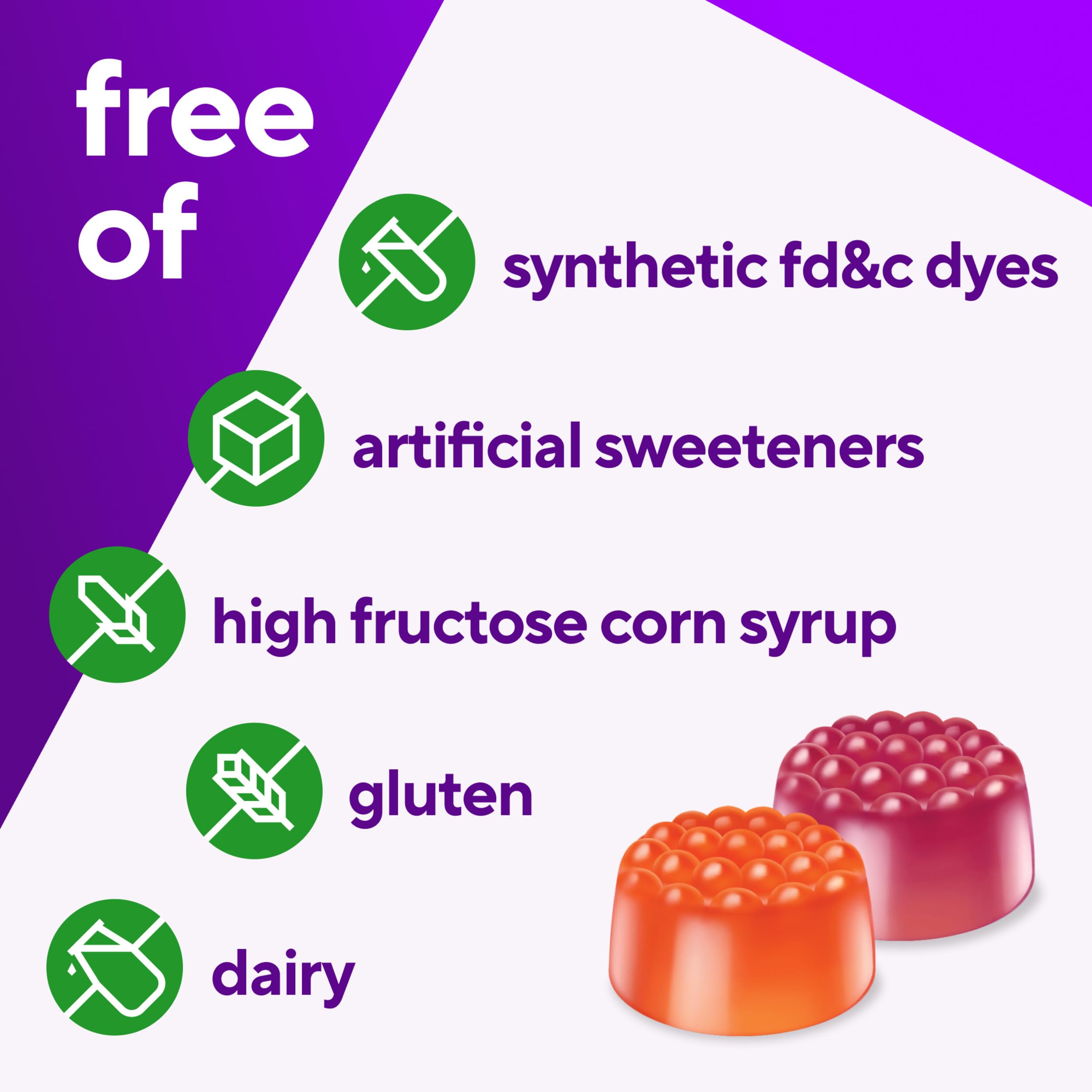 Vitafusion gomitas junto a frutas resaltando sabores naturales