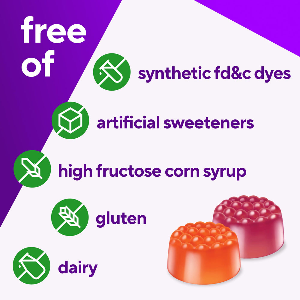 Vitafusion gomitas junto a frutas resaltando sabores naturales