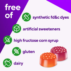 Vitafusion gomitas junto a frutas resaltando sabores naturales