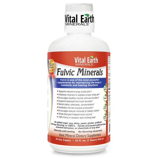 Vital Earth Minerals botella frontal 32 oz mostrando etiqueta y volumen