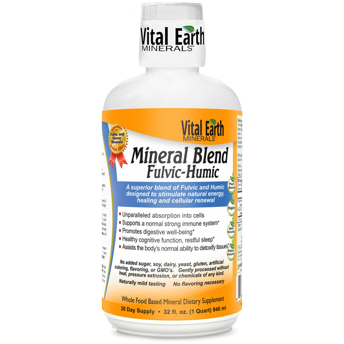 Vital Earth Minerals botella frontal mostrando etiqueta y volumen