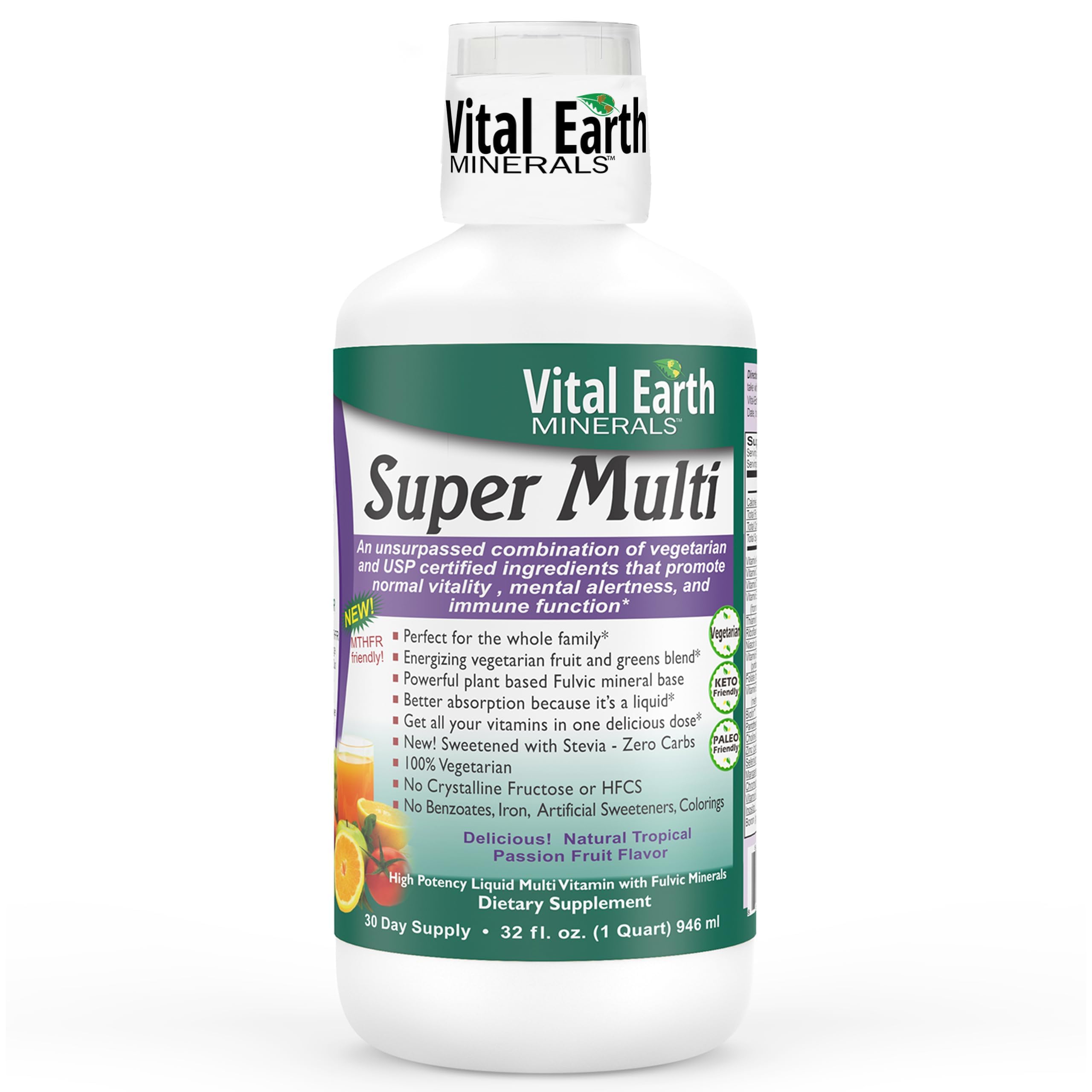 Vital Earth Minerals frente del envase mostrando el bote y beneficios