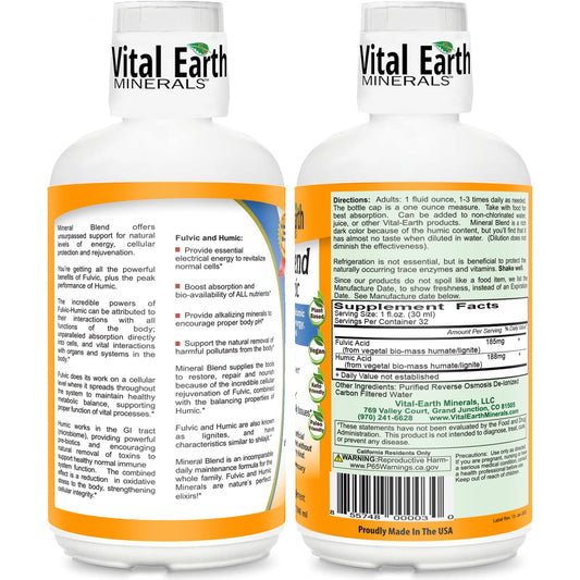 Vital Earth Minerals vaso medidor sin BPA junto a la botella