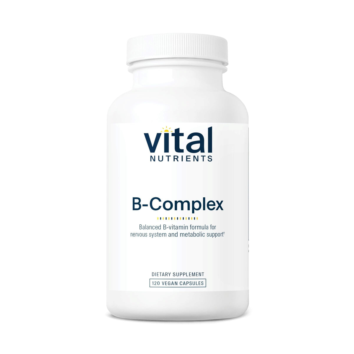 Vital Nutrients envase frontal del B-Complex mostrando etiqueta clara y beneficios