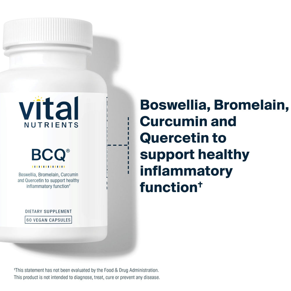 Vital Nutrients BCQ cápsula en mano para mostrar tamaño y dosificación