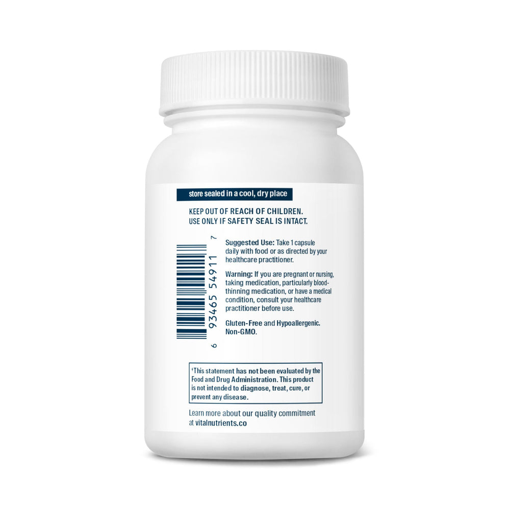 Vital Nutrients frasco abierto con cápsulas en mano para mostrar porción real