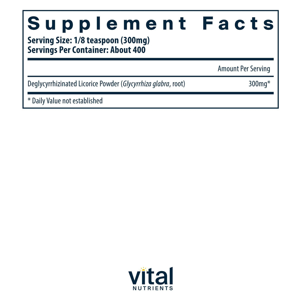 Vital Nutrients polvo de DGL textura cercana para mezcla fácil y dosificación flexible