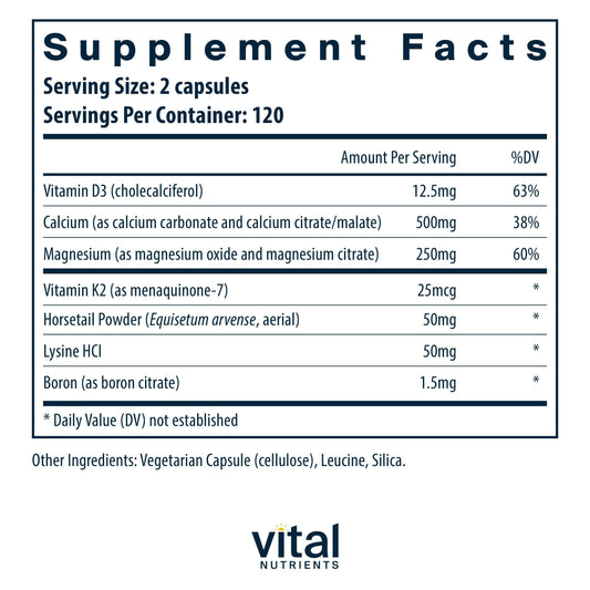 Vital Nutrients primer plano de la etiqueta con lista de ingredientes clave