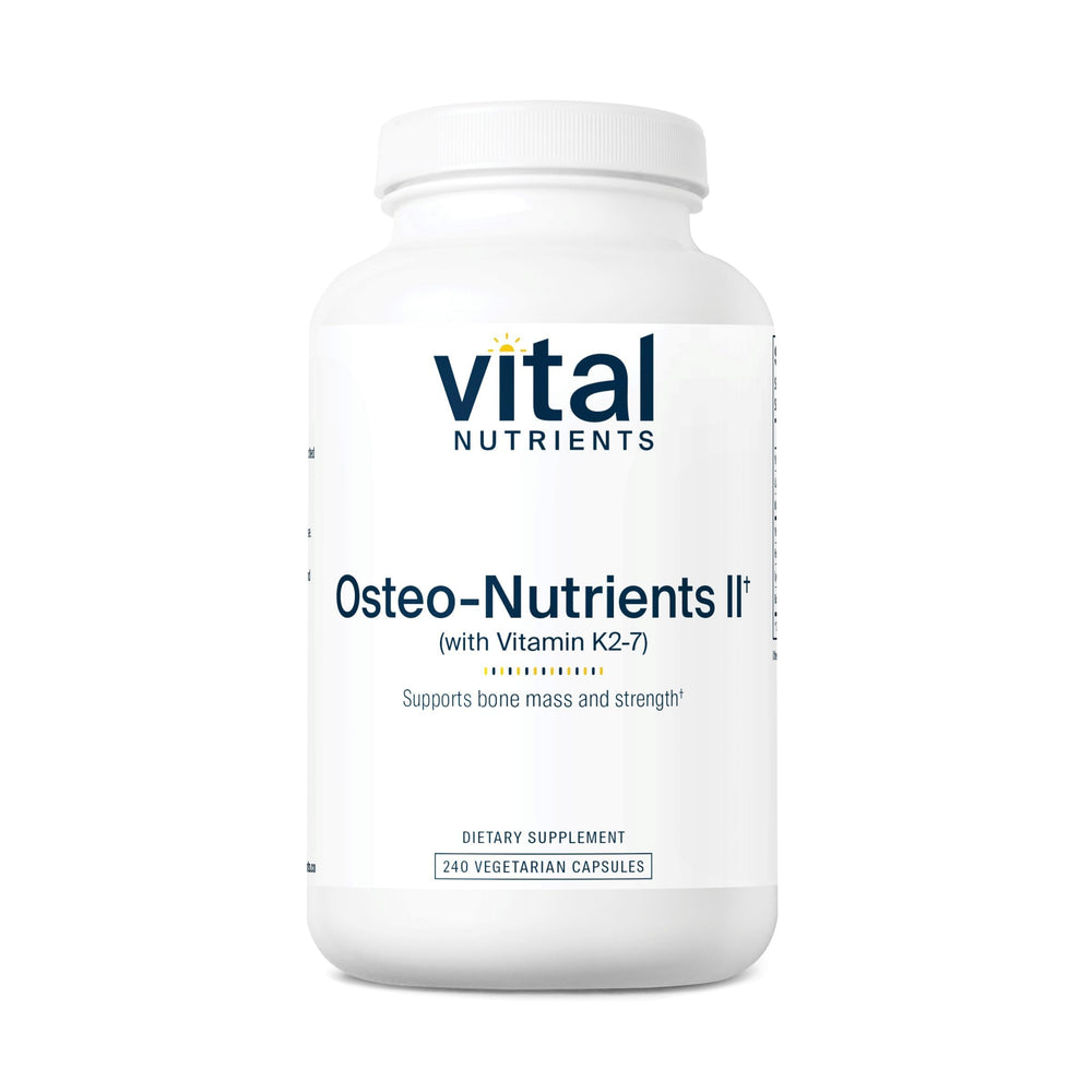 Vital Nutrients frasco frontal mostrando etiqueta y beneficios para huesos