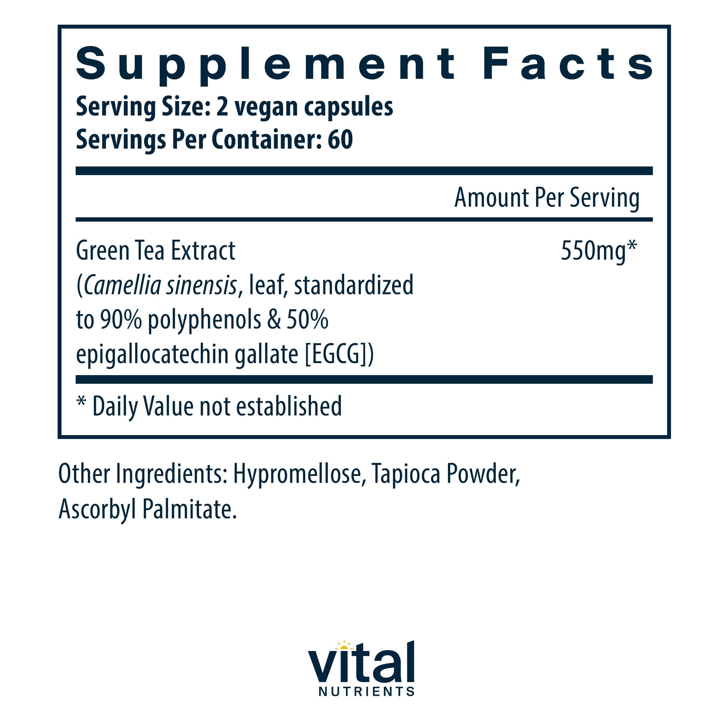 Vital Nutrients Green Tea Extract capsules close-up showing antioxidant benefits