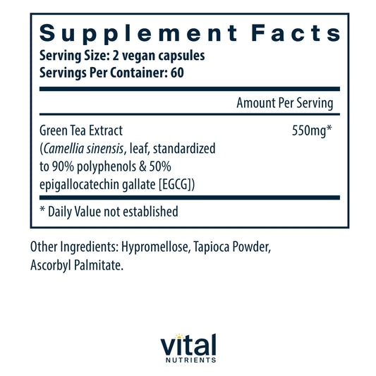 Vital Nutrients Green Tea Extract capsules close-up showing antioxidant benefits
