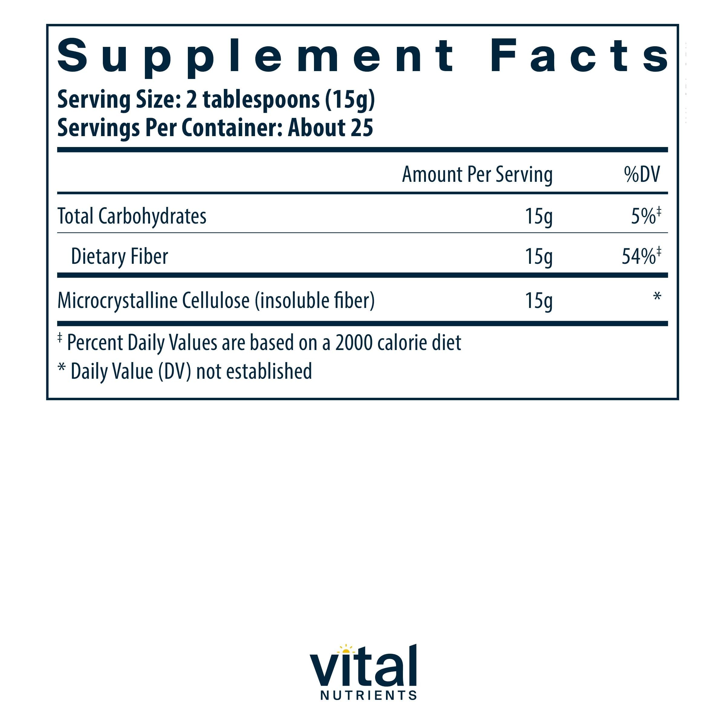 Vital Nutrients textura del polvo de celulosa mostrando finura y mezcla fácil