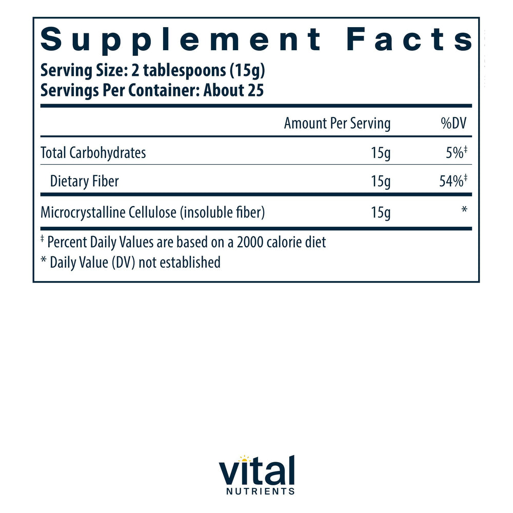 Vital Nutrients textura del polvo de celulosa mostrando finura y mezcla fácil